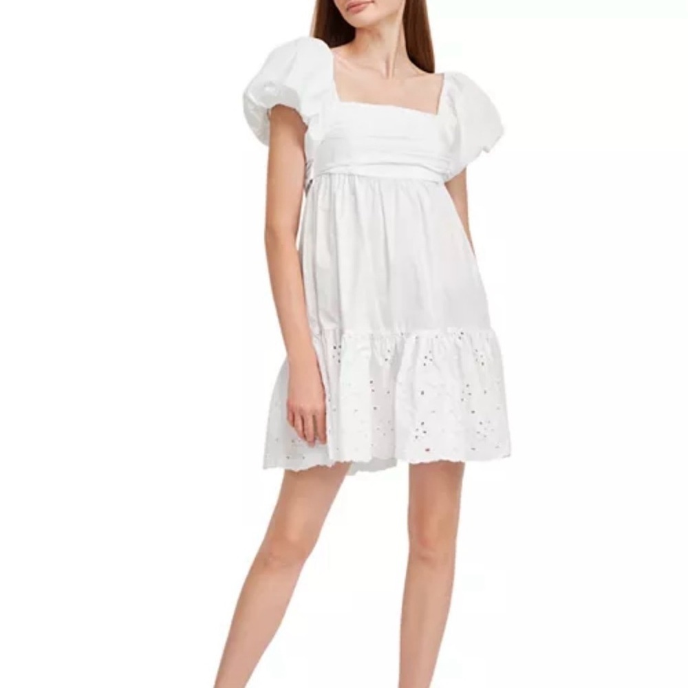 En Saison Womens Juliet Eyelet Puff-Sleeve Mini Dress Sz Small White Tie Back
